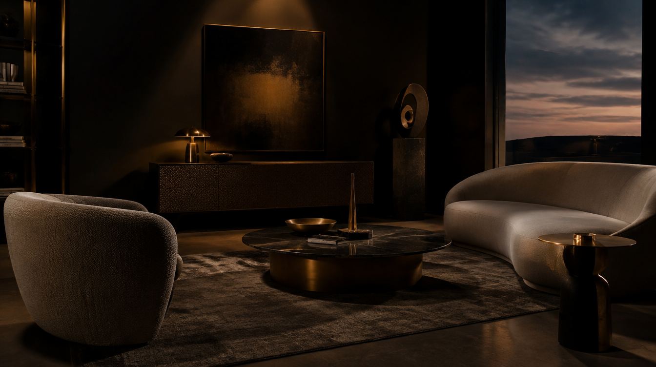 Salón en penumbra con sofá curvo, butaca y detalles de latón